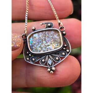 Vintage Sterling Silver Ancient Roman Glass Pendant Choker Bar Necklace, 15.5"